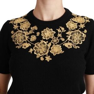 🤩 Dolce & Gabbana Black Cashmere Sweater with Gold Floral Embroidery